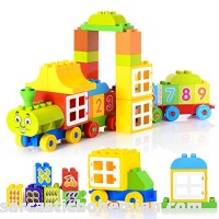 WishaLife 60 PCS My First Number Train Alphabet Letter Building Blocks Preschool Toy for Toddlers Boys and Girls Gifts Compatible with DuploAlphabet and Number Stickers Randomly Train Train B07F63QFST